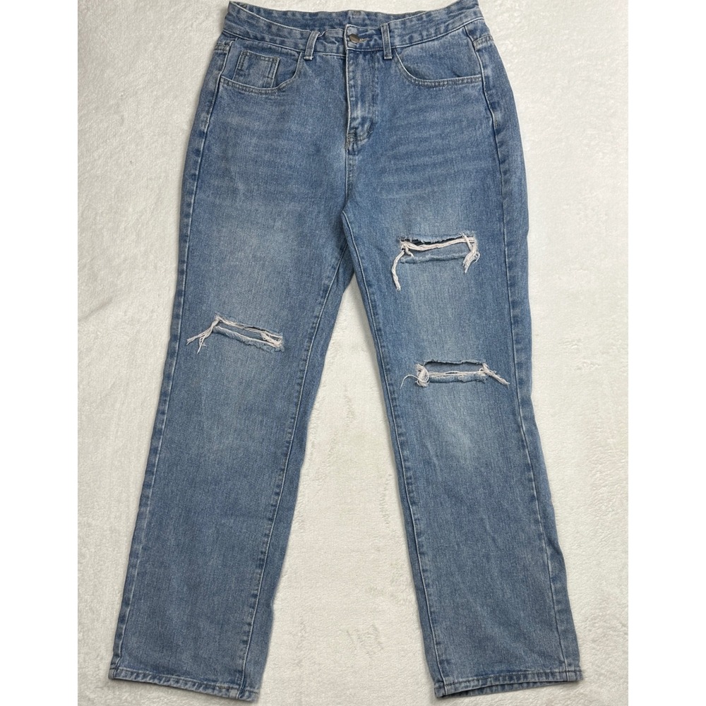 Genleck Name Jean‎ Womens Large Medium Wash Distressed Straight Leg Ripped Denim
